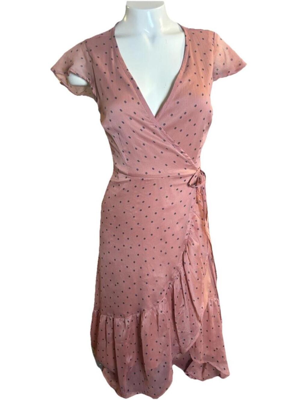 Abercrombie & Fitch Wrap Dress XS Pink Polka Dot Ruffle Hem Tie Waist Mini
